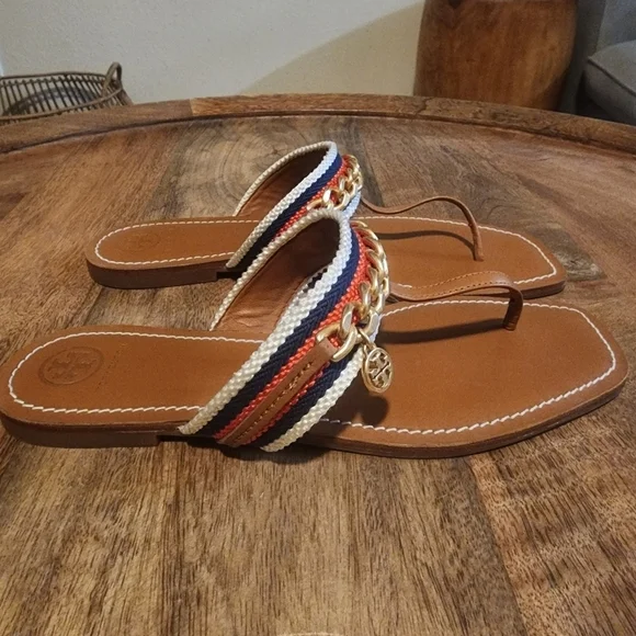 Tory Burch Striped Mini Benton Chain Band Thong Sandals Womens Sz 9