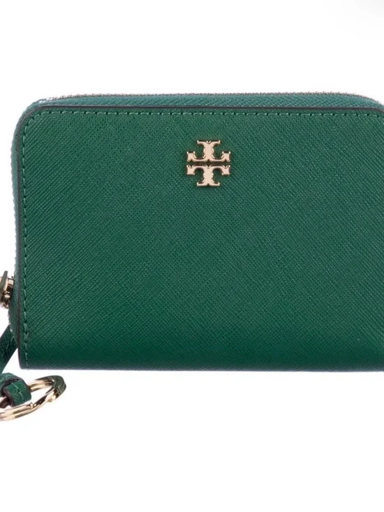 Tory Burch like new Green Saffiano Leather Zip Card Case Wallet