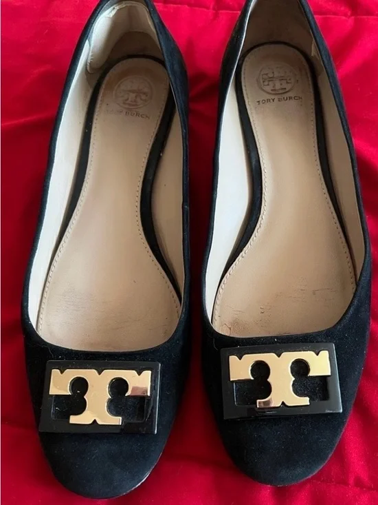 Tory Burch Black Suede Flats with Gold Logo