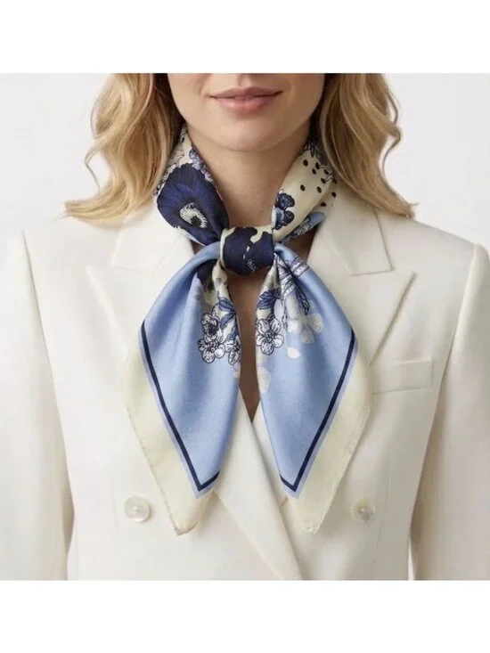 ⭐Luxury Silky Blue Floral Square Scarf Cream Elegant Wrap Shawl Neck Headscarf