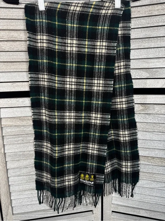 Barbour Black, Green and Cream Tartan Wool Scarf