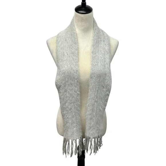 Rabbit Hair Wool Scarf Gray Fuzzy Knit Fringe Soft Cozy Winter Wrap Quiet Luxury