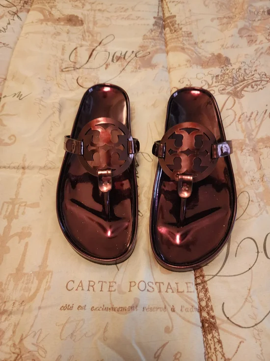 Tory Burch Metallic Burgundy Patent Miller Thong Sandals