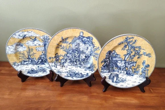 Set of 3 American Atelier Porcelain Salad Plates English Toile Blue Deco 5076