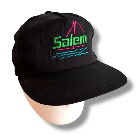 MINT Vtg Salem Cigarettes Snapback Hat Cap Black Nylon Parachute Neon 1980s