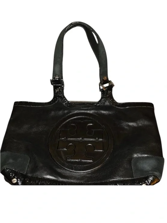 Tory Burch Black Leather Tote Shoulder Bag with Logo Accent