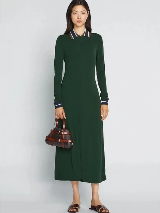 Tory Burch Forest Green Long-Sleeve Polo Midi Dress