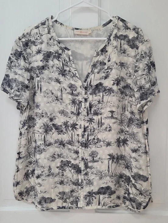 Tory Burch Tropical Toile Silk Short Sleeve Top L