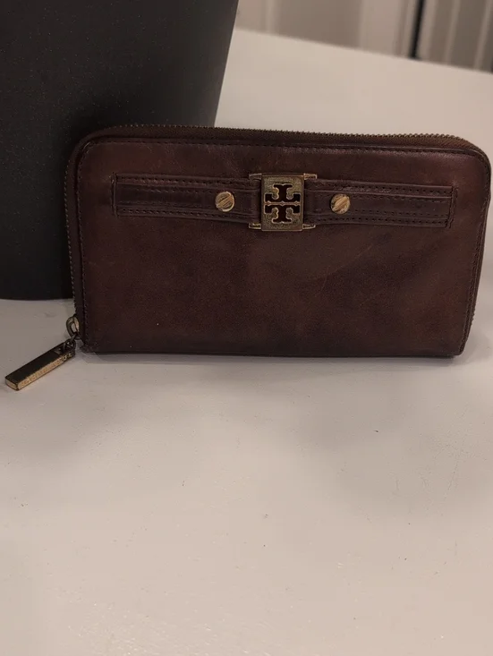 Very Worn Tory Burch Dark Brown Leather Zip-Around Wallet with Logo Plaque