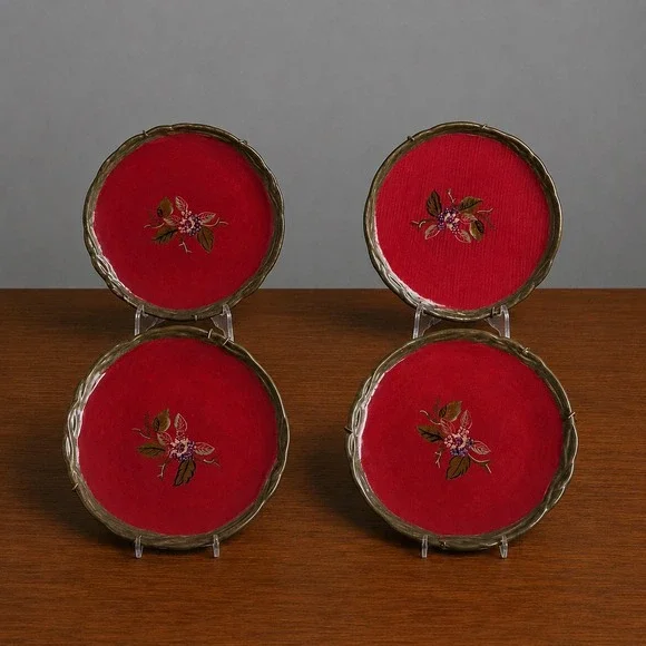 Tracy The Octavia Hill Collection‎ Red Floral Salad Plates Set of 4 Gold Rim 8
