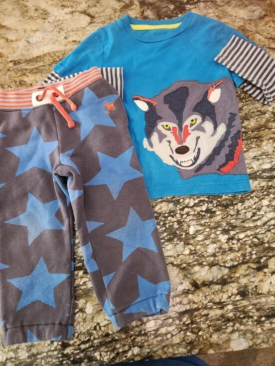 Blue Wolf Appliqué Tee with Star Print Pants 3/4