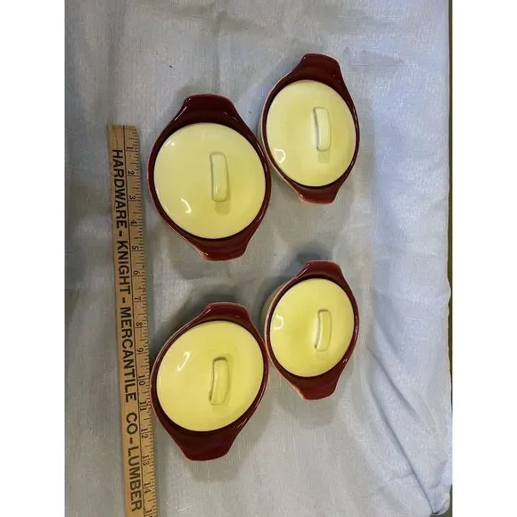 Vintage‎ Hull Oven Proof 5.5 inch Casserole Dish w/ Lids- (4) yellow/burgundy