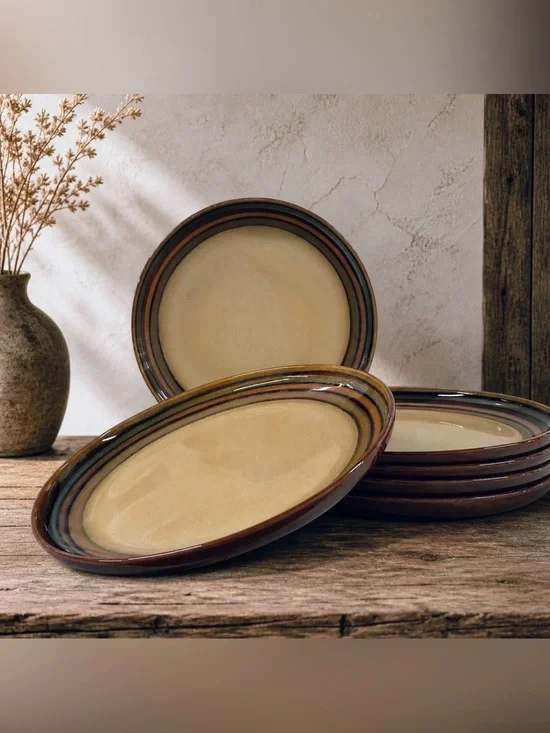 Set of 6 Sango Flair Brown 4836 Dinner Plates 11” Stoneware Discontinued