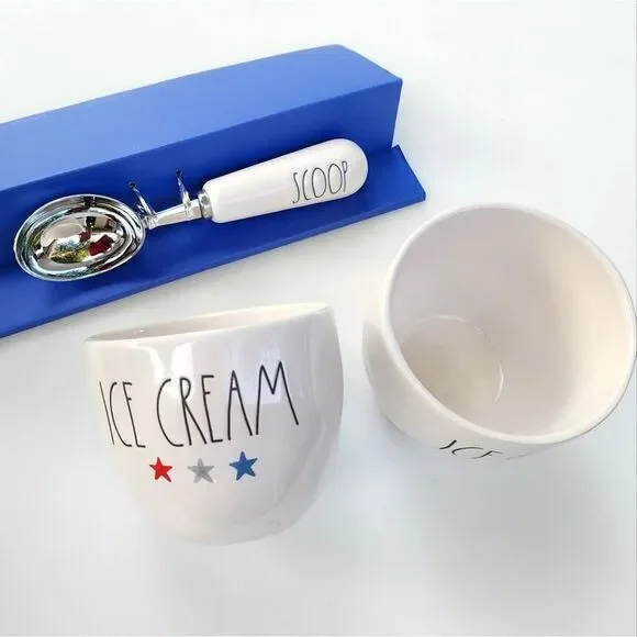 Rae Dunn Ice Cream Scoop And Two Ceramic Bowls Set of 3pcs Patriotic Celebration