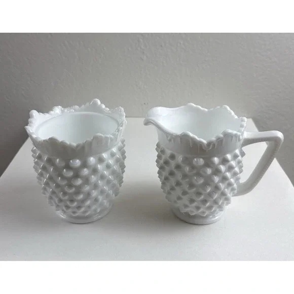 Vintage Fenton English Hobnail Milk Glass Creamer & Sugar Set White Ruffled Edge
