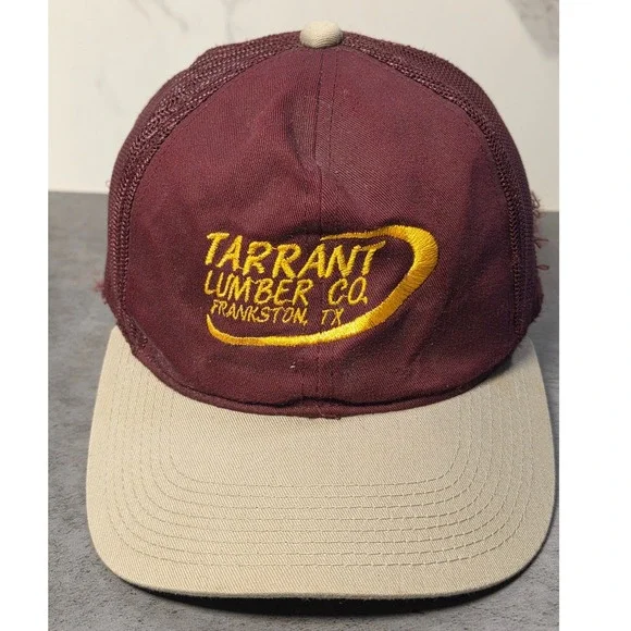 Tarrant Lumber Co Frankston TX Trucker Hat Maroon Tan Snapback Mesh Cap‎