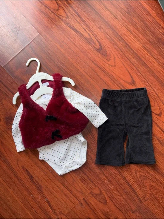 Tahari Burgundy Plush Vest, White Polka Dot Bodysuit & Black Pants Set
