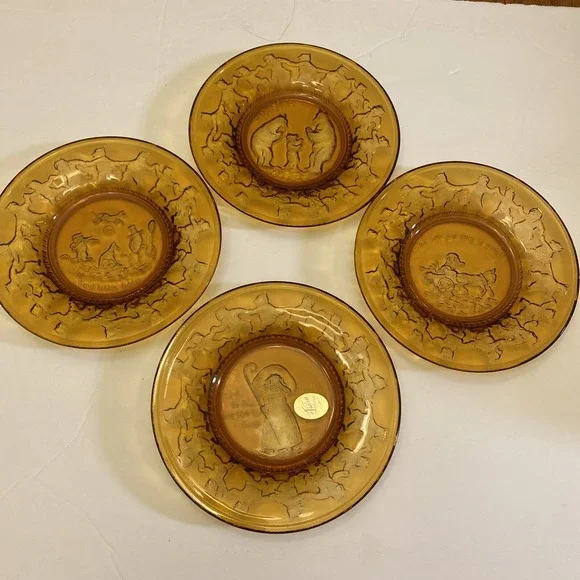Vintage‎ Tiara Indiana Amber Glass Set of 4 Plates Mother Goose Nursery Rhymes