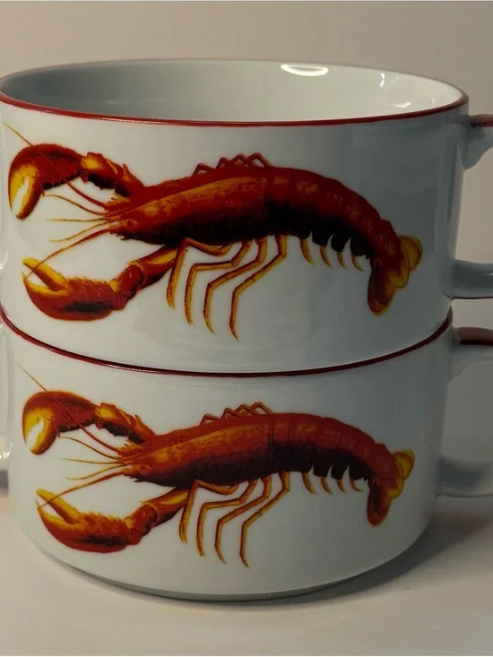 2 bayou banquet crawfish stackable soup mugs interlocking double‎ handle bowls