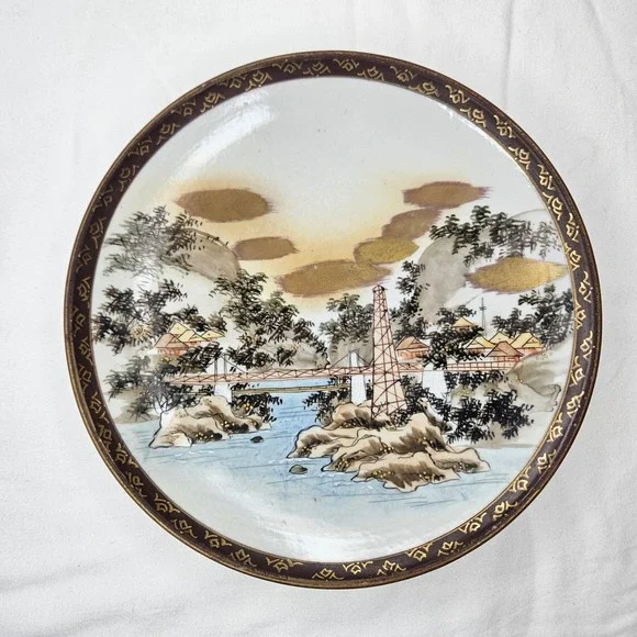 Kutani Japanese Porcelain Plate Bowl Handpainted Landscape Gold Gilt 8.25