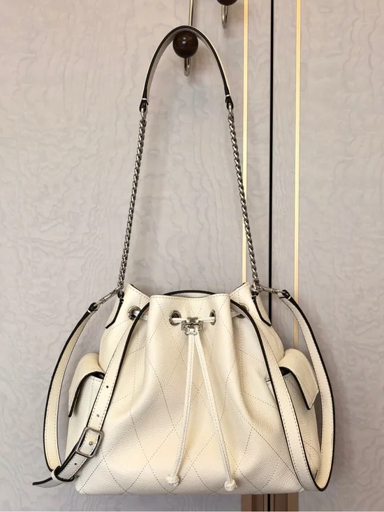 Classic Cream Drawstring Leather Bucket Bag