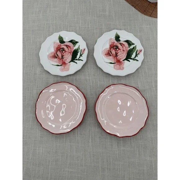 Pink Rose Dessert Plates Set Cottagecore Floral Shabby Chic Vintage Style