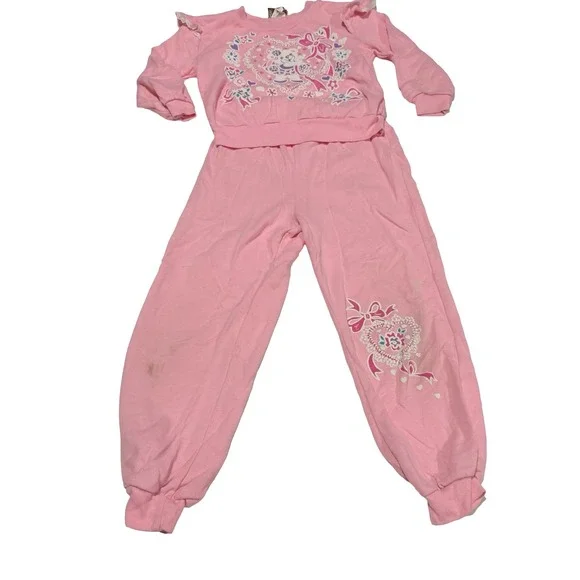 Vintage Rhythm Kids Pink Teddy Bear Heart Sweatsuit Set Lace Ruffle Size 6‎