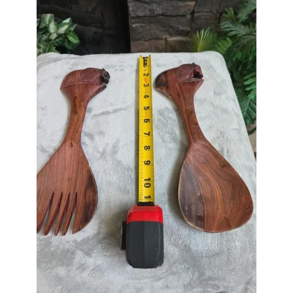 HAND CARVED OLIVE WOOD Bear SALAD SERVERS 2PC SET 11