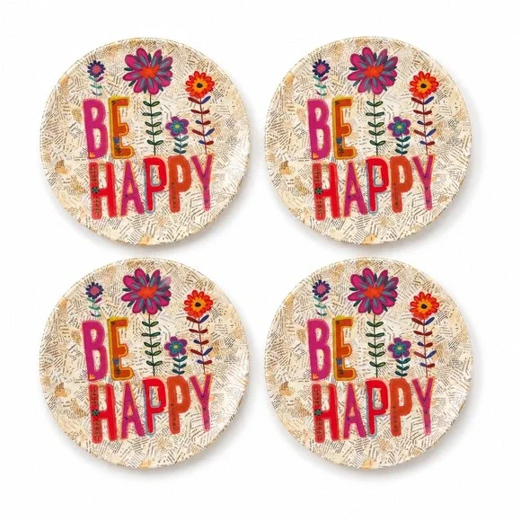 Natural Life Be Happy Melamine Salad Plate Set of 4 Floral Newspaper Print Boho