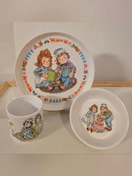 Vintage 1969 Raggedy Ann & Andy 3-Piece Melamine Child Dish Set Oneida Deluxe