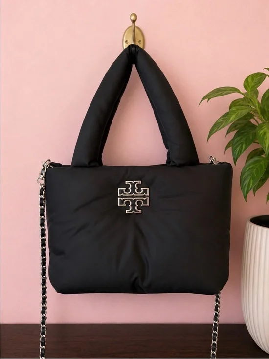 Tory Burch Black Quilted Puffer Mini Tote with Detachable Chain Strap