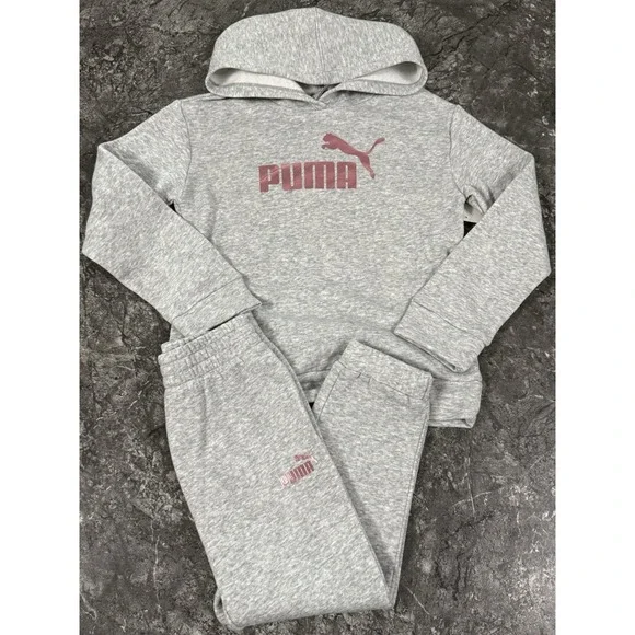 Puma Girls Fleece Hoodie Jogger Set Metallic Pink Heathered Gray Sz XS 6