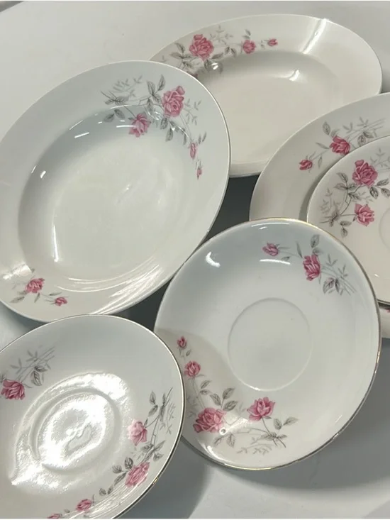 Vintage Floral Pink Rose Porcelain Dinnerware 6 piece Set