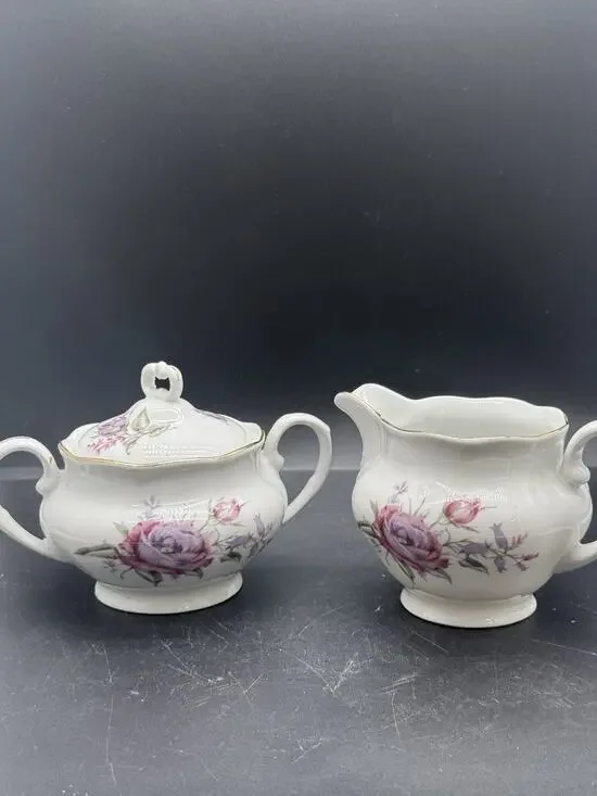 Vintage Favolina Creamer Pitcher And Sugar Bowl Made in Poland Pink Purple Roses