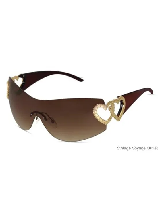 Y2K Wrap Around Rimless Sunglasses Trendy Shield Silver Heart 2000s Frameless
