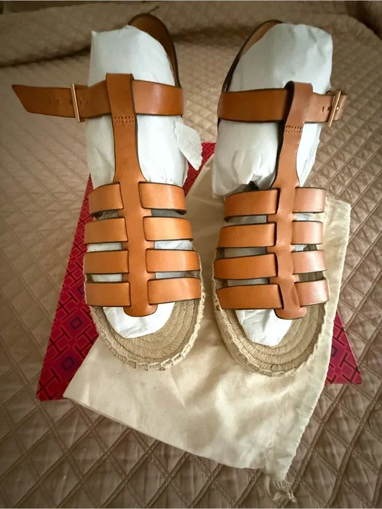 Tory Burch Fisherman Espadrille Wedge Toasted Soufflé, size 9. Like New in Box.