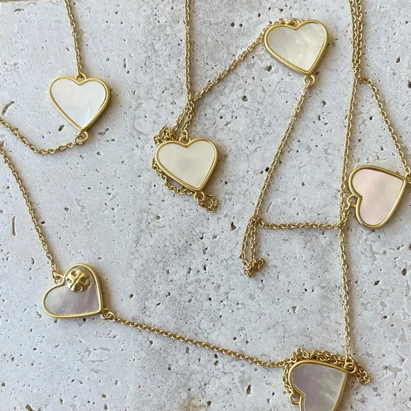 Tory Burch Gold Heart Pendant Necklace with Mother-of-Pearl Inlay