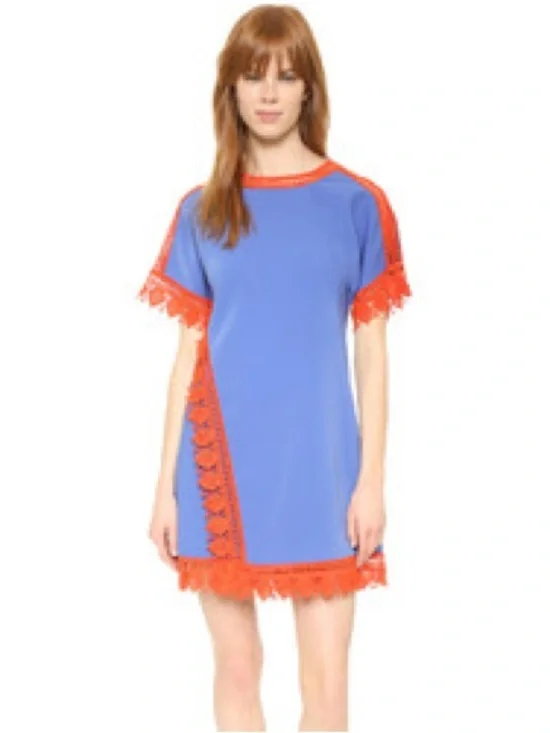 Tory Burch Marissa Dress Womens 2 Blue Orange Crochet Trim Runway