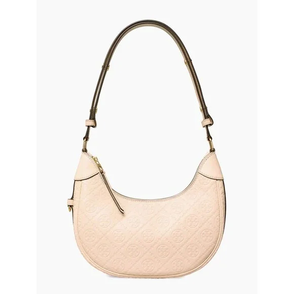 Tory Burch T Monogram Debossed Leather Crescent Shoulder Bag-Blush Pink New $469