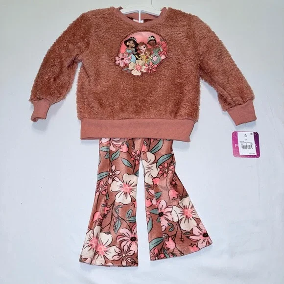 Disney Princess Outfit Set Kids 2T Pink NEW Sherpa Fleece Floral Corduroy‎ Flare