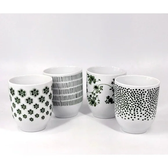 IKEA Entusiasm Mixed Pattern Green Cups Set of 4 Floral Dot Stripe Mugs Tumblers