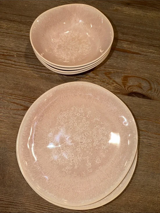 Anthropologie Blush Pink melamine Plate and Bowl Set for 4