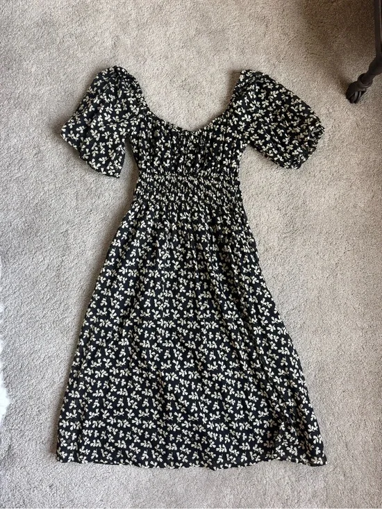 Tory Burch Black Midi Dress with Cream Floral Print, Size Small