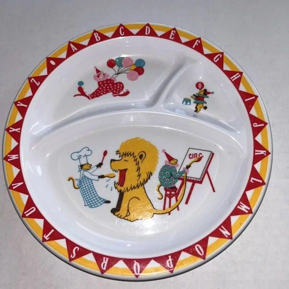Vintage Circus Animal Divided Melamine Plate Alphabet Border Lion Clown 8.5