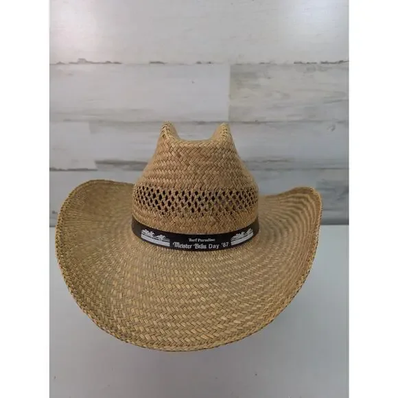 Vintage Turf Paradise Meister Bräu Day Hat Cowboy Straw Western Brown‎ Mens 80s
