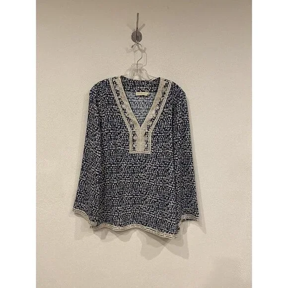 Tory Burch Blouse Womens Size 10 Blue Geometric Tunic Long Sleeve Crochet Trim