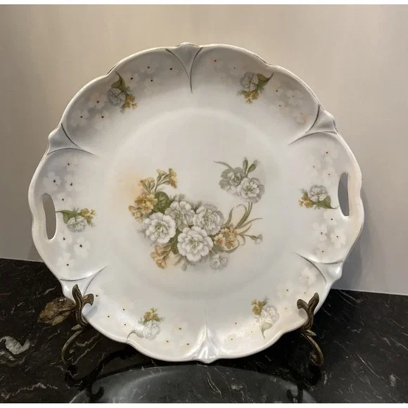 Antique Hand Painted Bavarian Plate w Handles Pearl White Lustrous 11