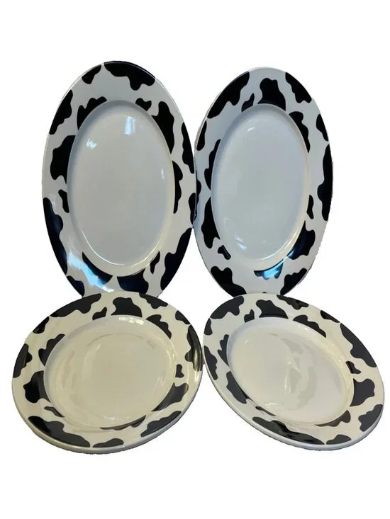 Vintage Tienshan Style Cow Print Dinner Plate Set of 4 Spotted Black White 10.5