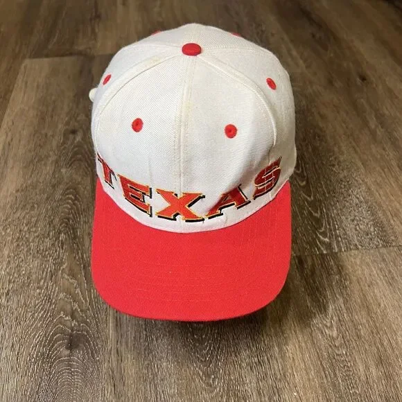 True Vintage Texas Hat Leather Strap Cream Red Spellout Graffiti Trucker Flag TX