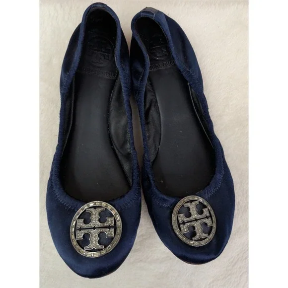 Tory Burch Navy Satin Ballet Flats Slip-On Crystal Logo Accent